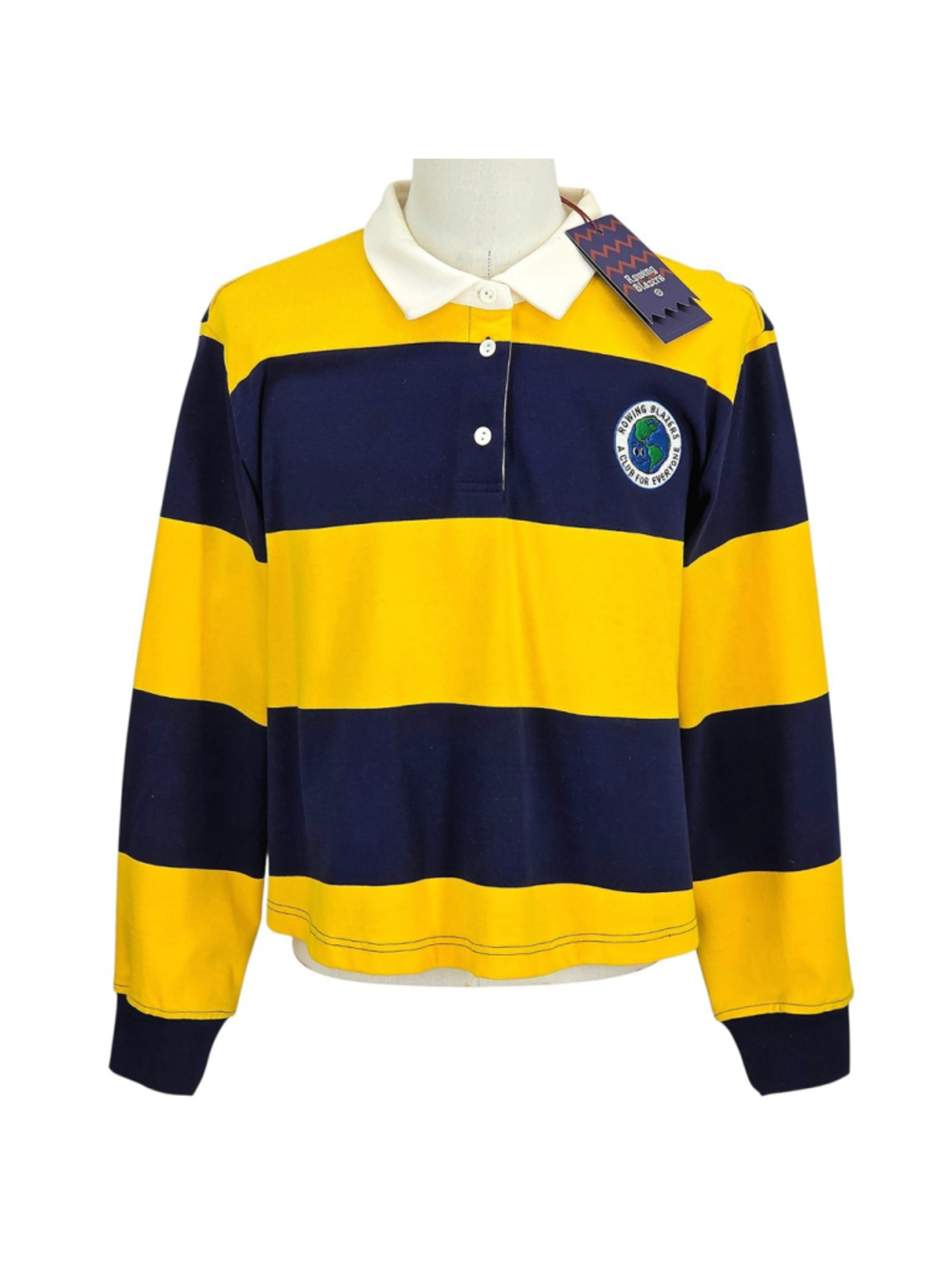 Rowing Blazers Rugby Shirt Womens 2X Yellow Navy Stripe Cropped Prep - Picture 2 of 16